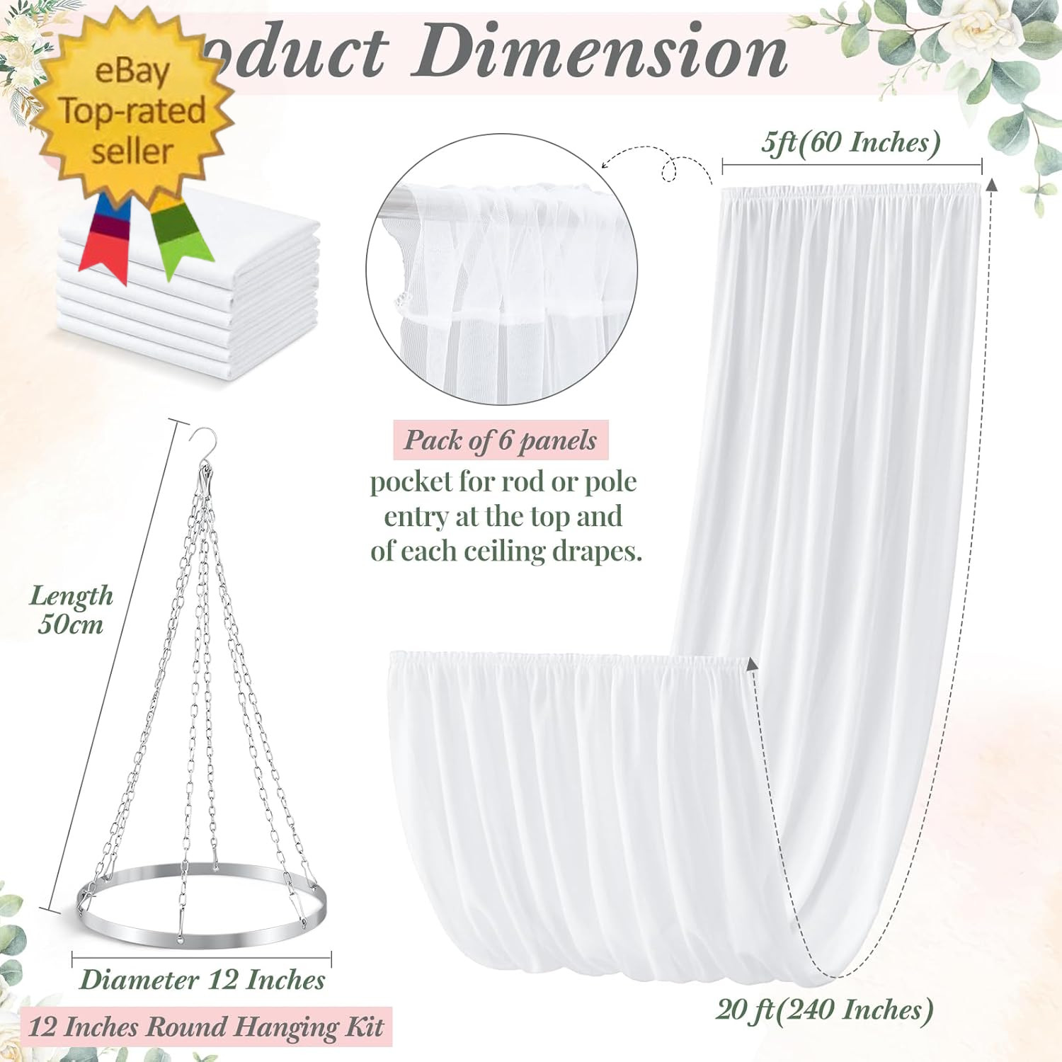 5Ft X 20Ft 6 Panels 12 Inches Ceiling Drapes Hanging Kit with Drapery- Ceiling H