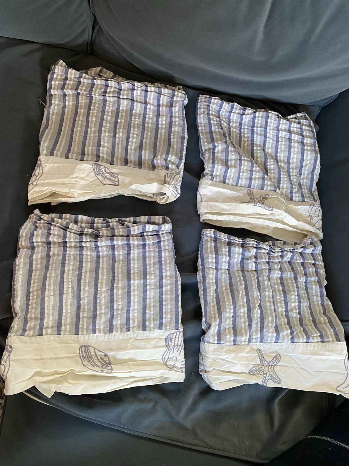 4 Valances Cotton Wide Rod Pocket Blue White Striped Shell Motif 15”x 57” Guc