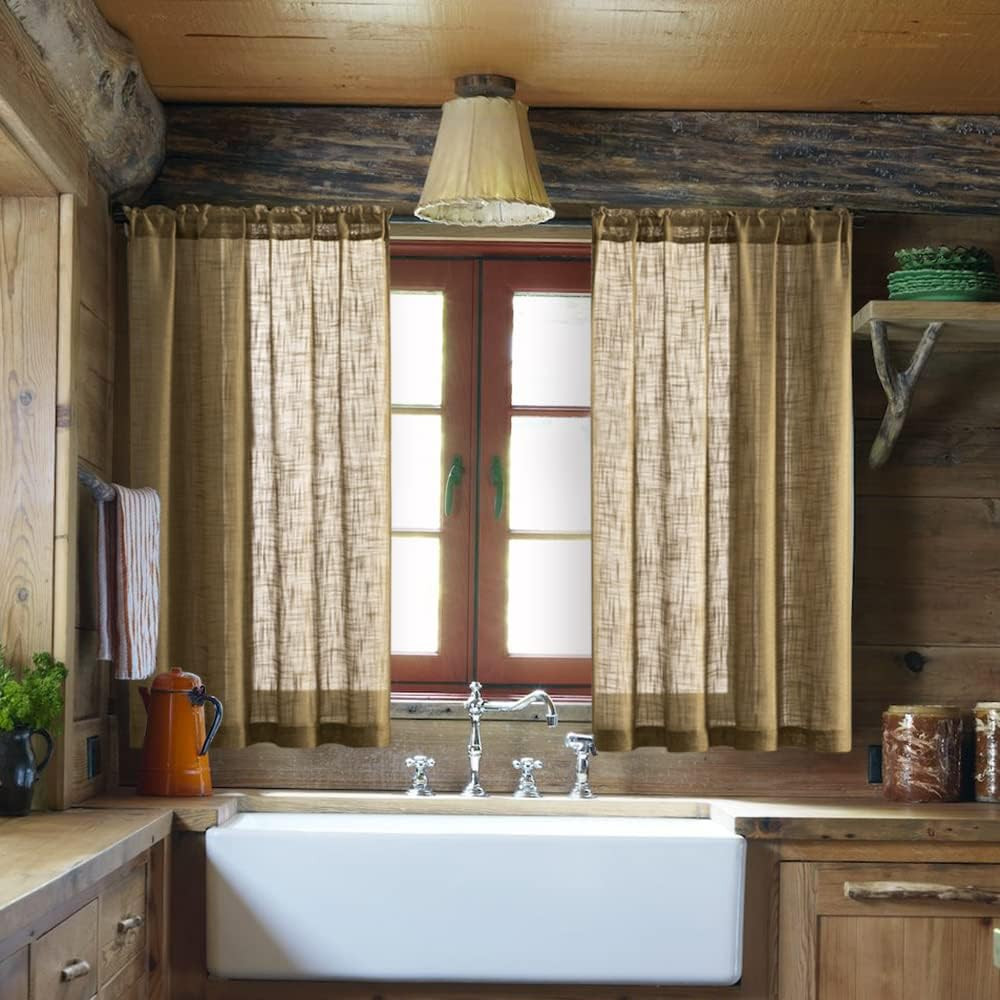 SHINELAND Burlap Woven Cafe Curtains, Light Brown Rustic Farmhouse Primitive Tie
