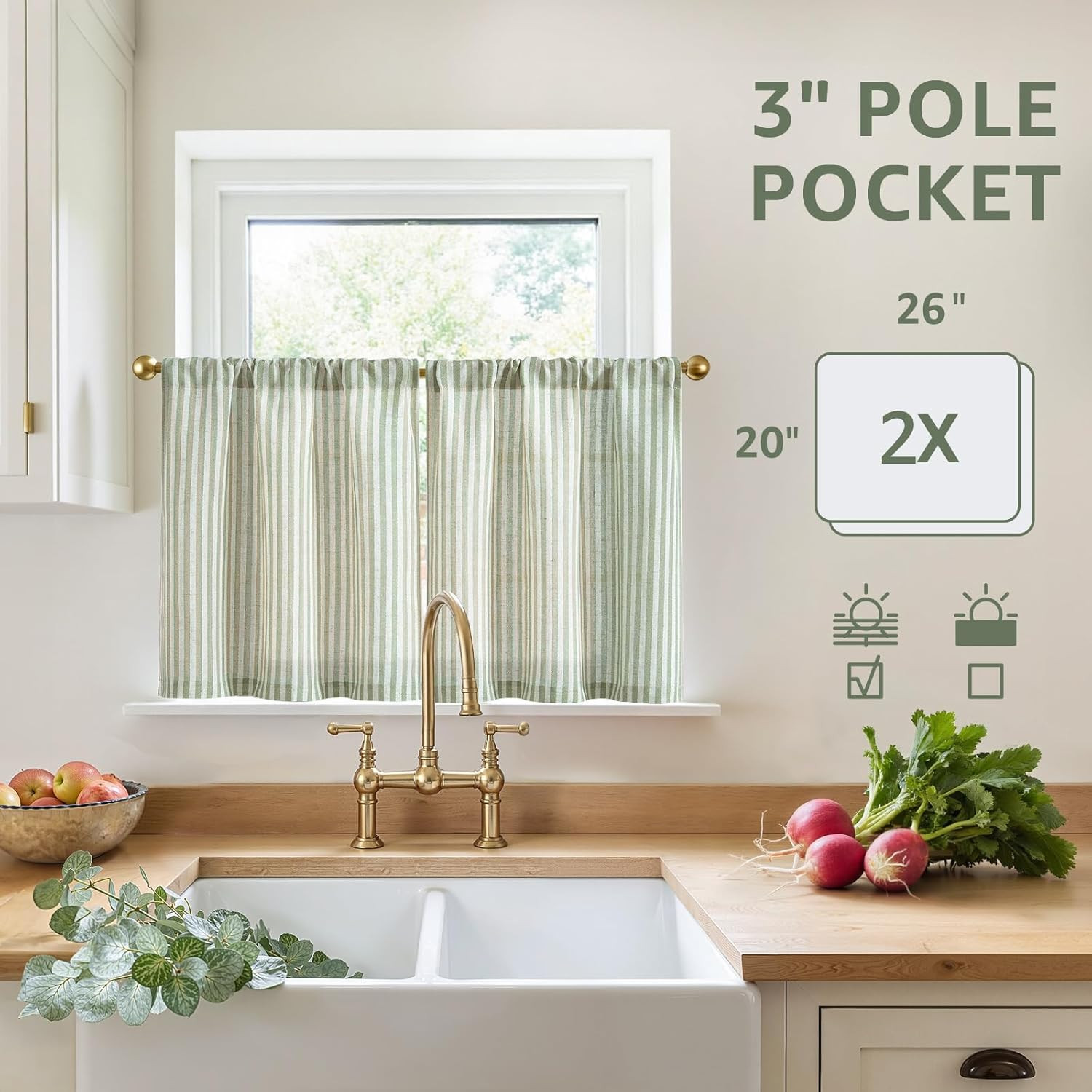 Striped Linen Kitchen Tier Curtains, 20 Inch, Sage Green, 2 Panels | Light-Filte