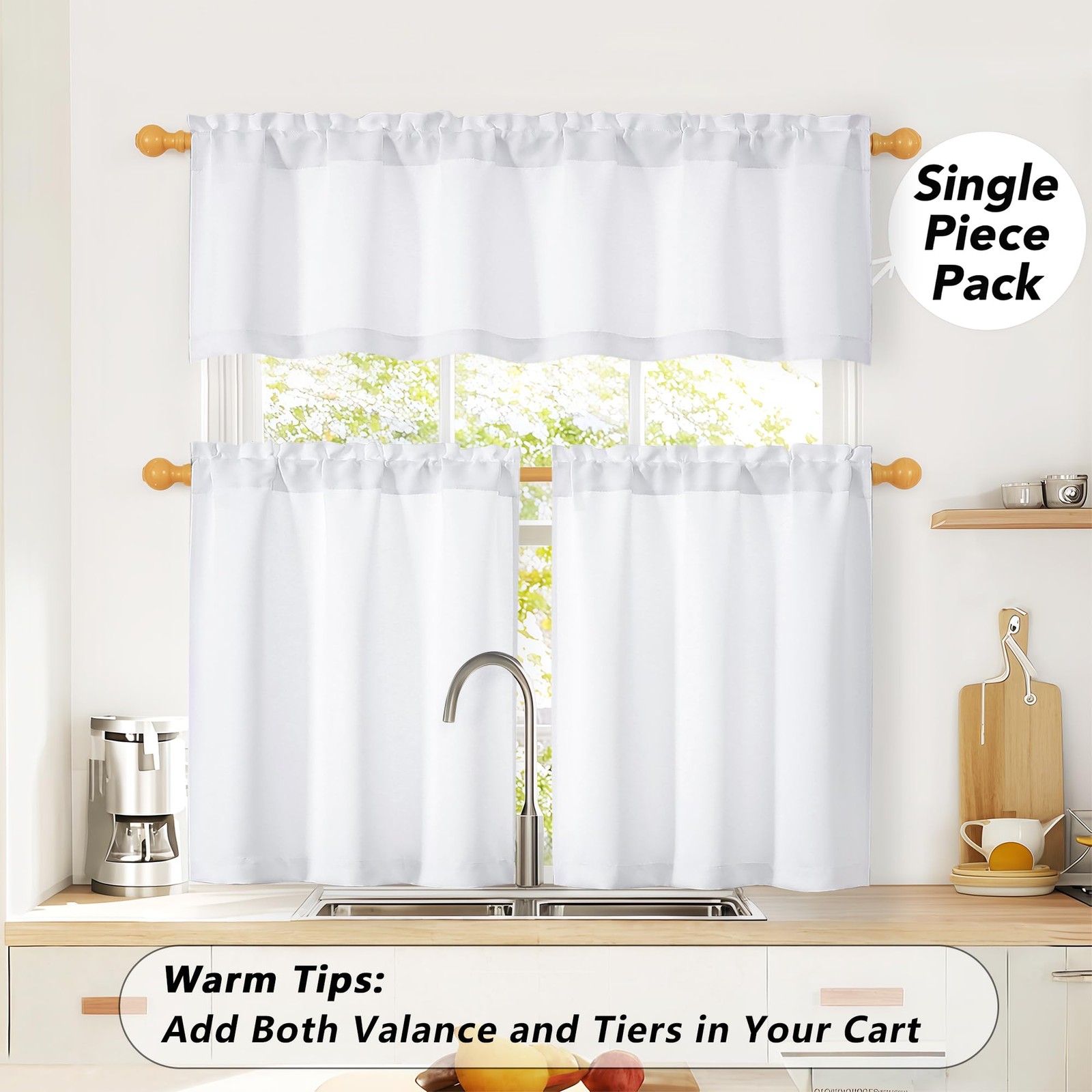 White Kitchen Curtains Tier 36 Inch Length Short for Small Window, Cur..