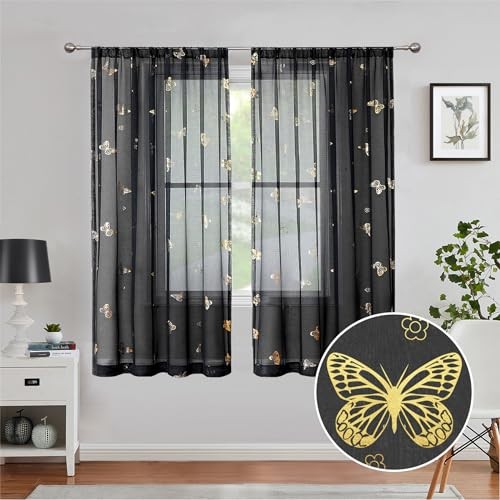 and Gold Butterfly Sheer Curtain Panels52 Inches 52″W x 63″L (Pack of 2) Black