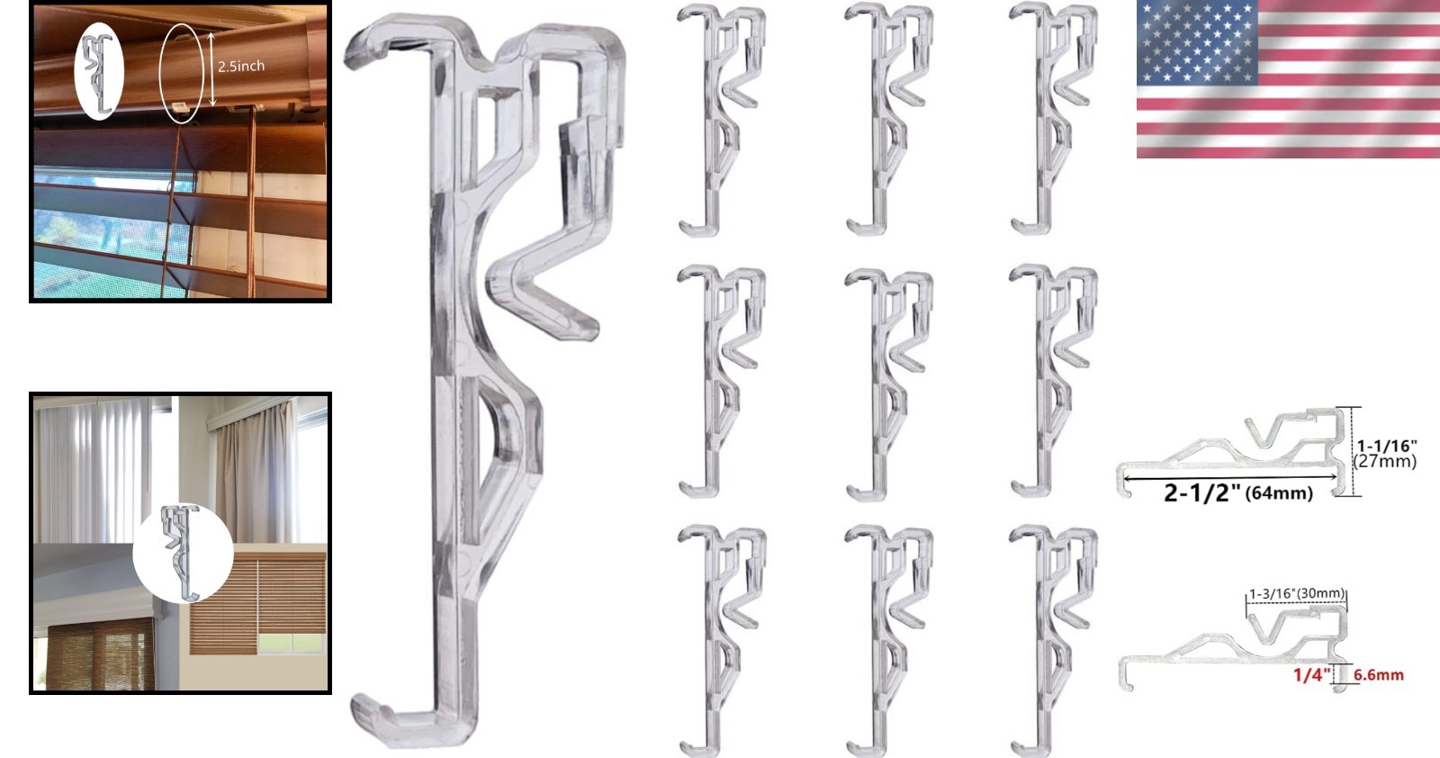 Eco-Friendly 2.5-Inch Clear Plastic Hidden Clips for Window Blinds Valance