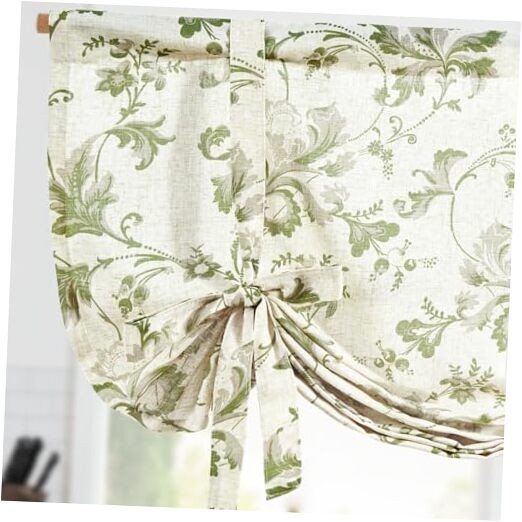 Tie Up Valance Floral Linen 42″W x 45″L (Pack of 1) B Floral | Green on Beige