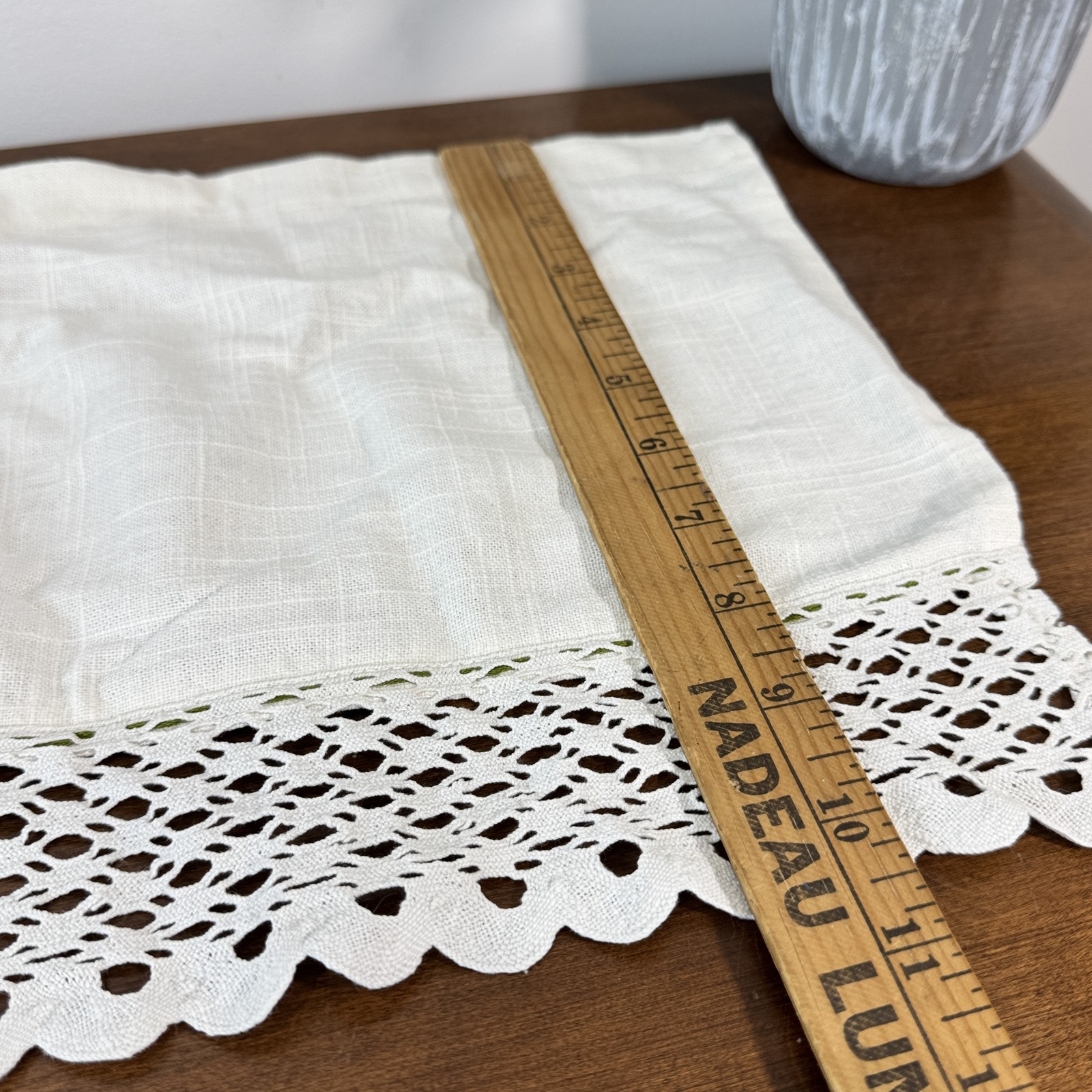 Vintage Style Off-White Linen Blend Valance Tier Curtain with Crochet Lace Trim