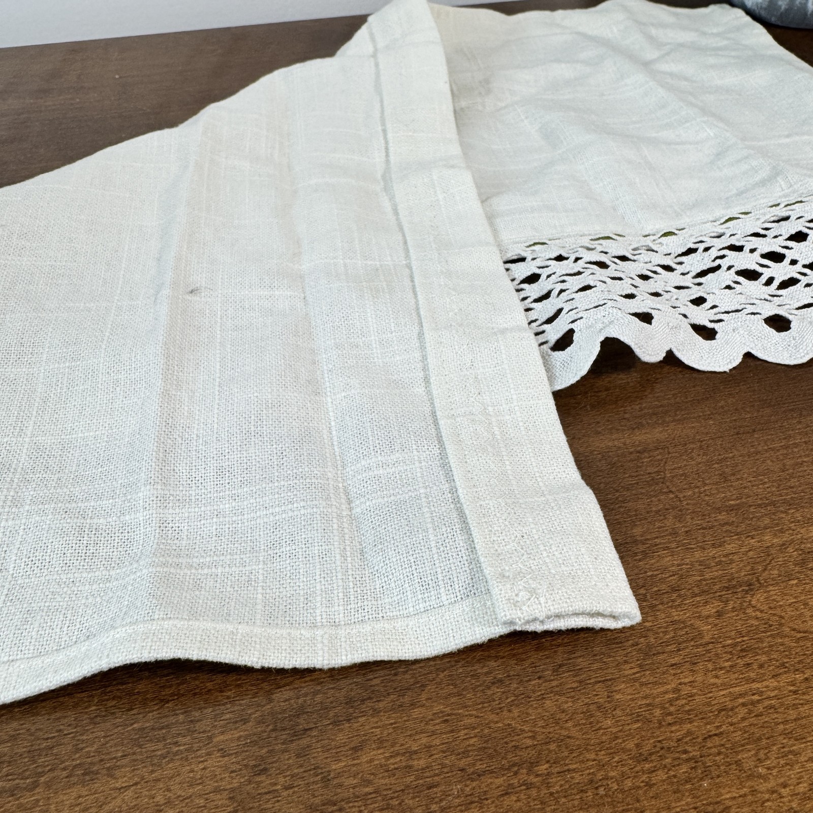 Vintage Style Off-White Linen Blend Valance Tier Curtain with Crochet Lace Trim