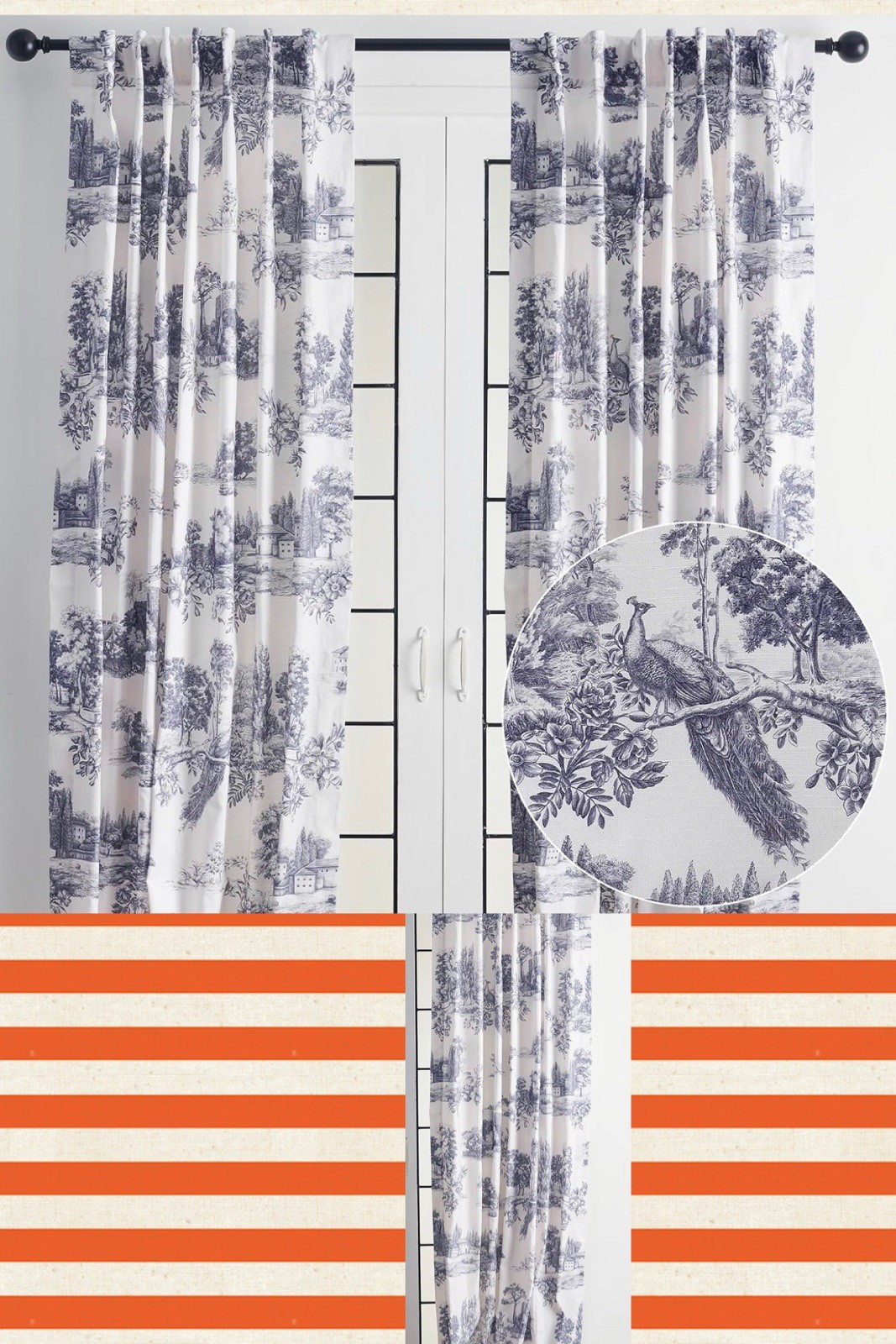New Maison d’Hermine “Trianon Blue” Peacock Print Drapes-50×84 2 Panels