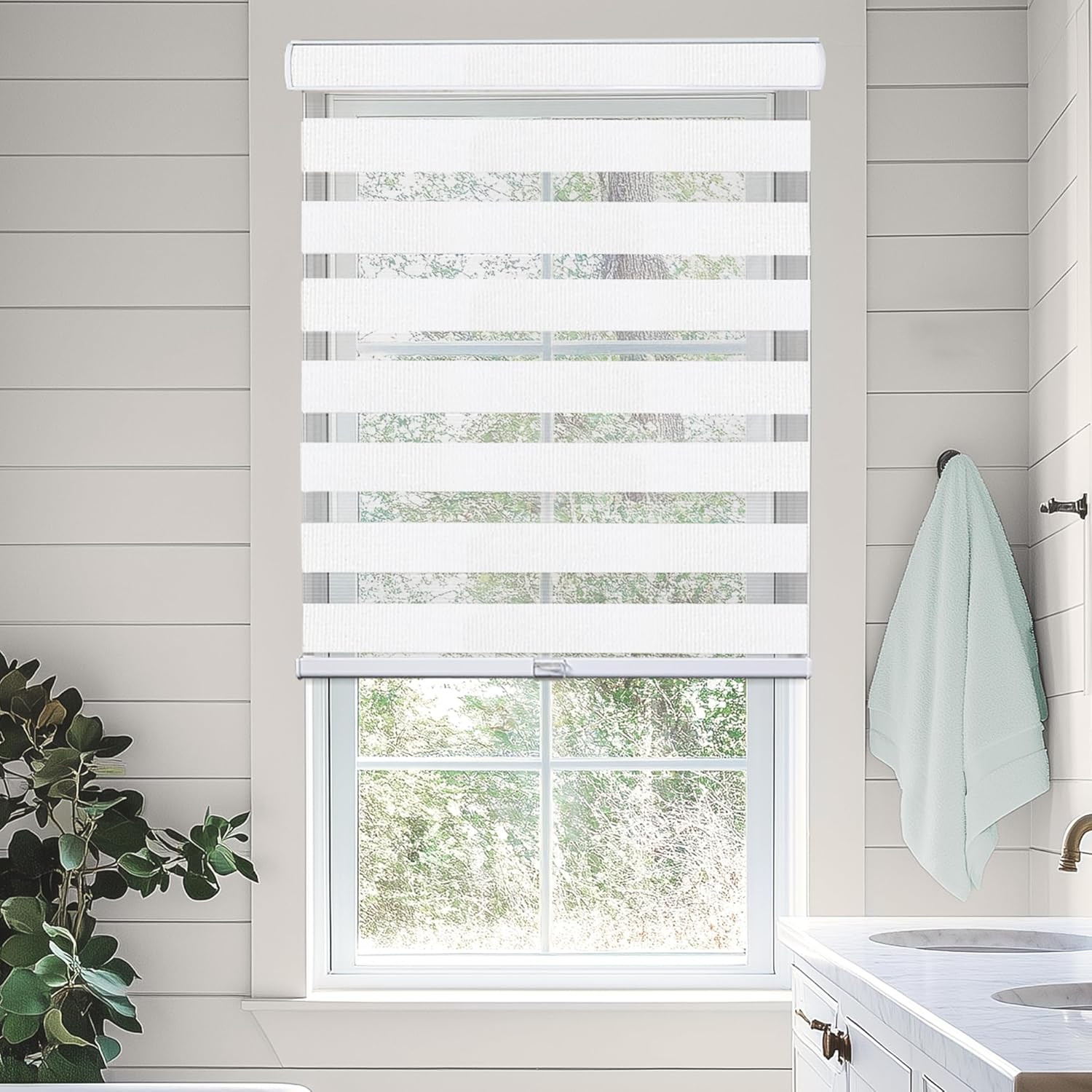 Cordless Zebra Blinds, Dual Layer Light Filtering Shades, 48″W x 72″H, Arctic