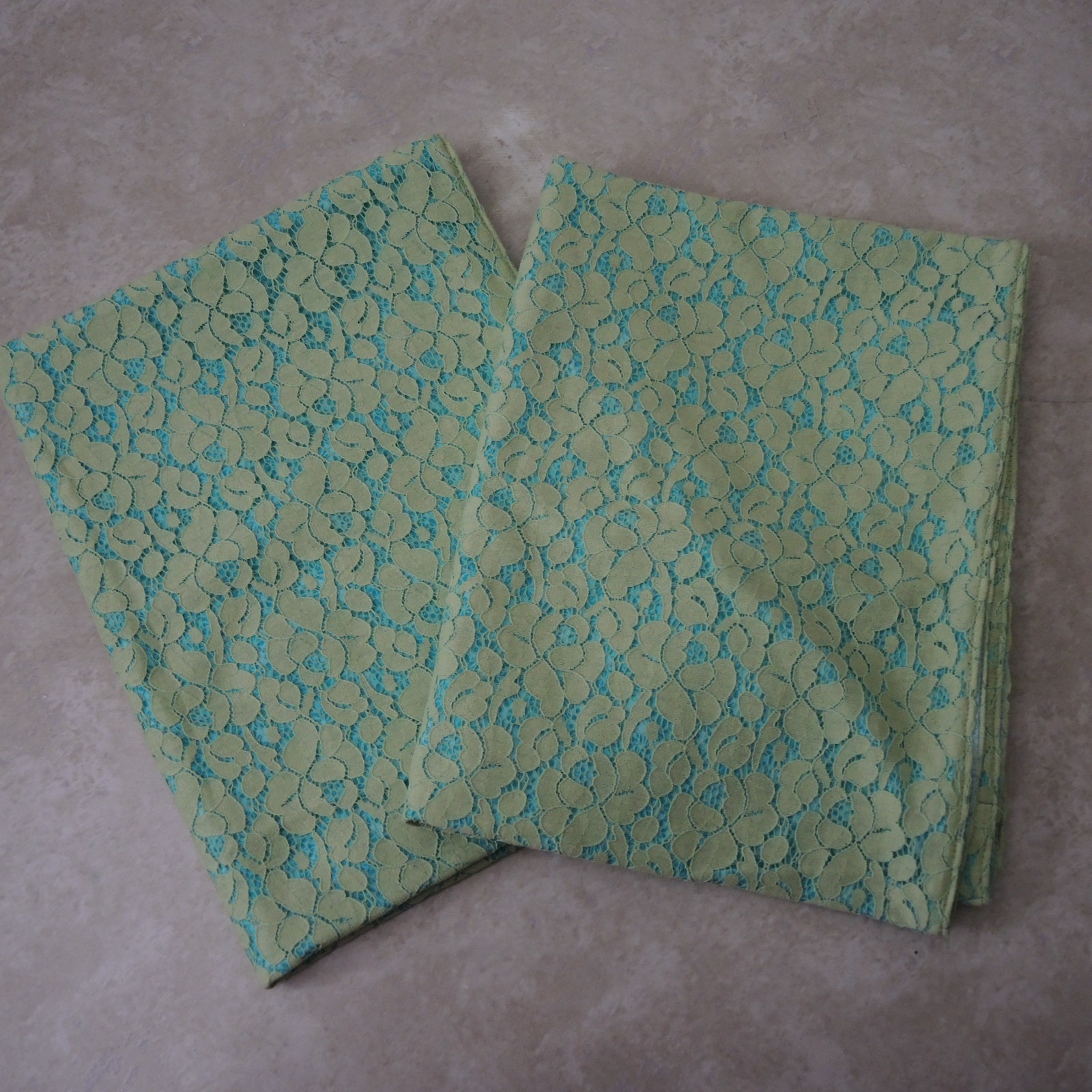 Set of 2 Curtain Panels Rod Pocket Green Lace Over Bright Blue 20.5″ W x 53.5″ L