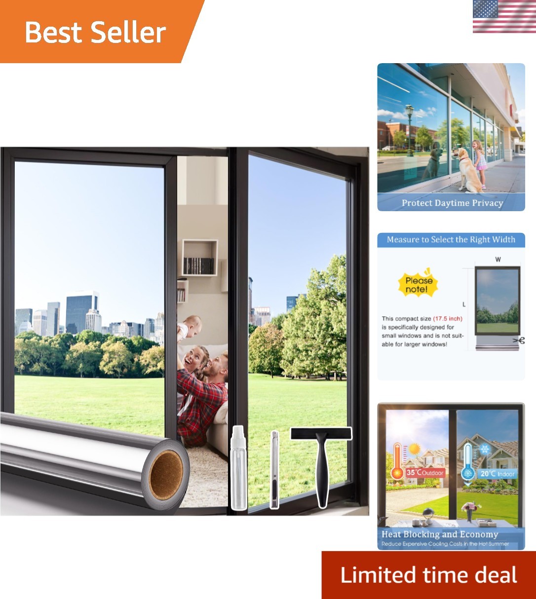 Daytime Privacy Reflective Window Film with Installation Tools – 17.5×78.7 Inch