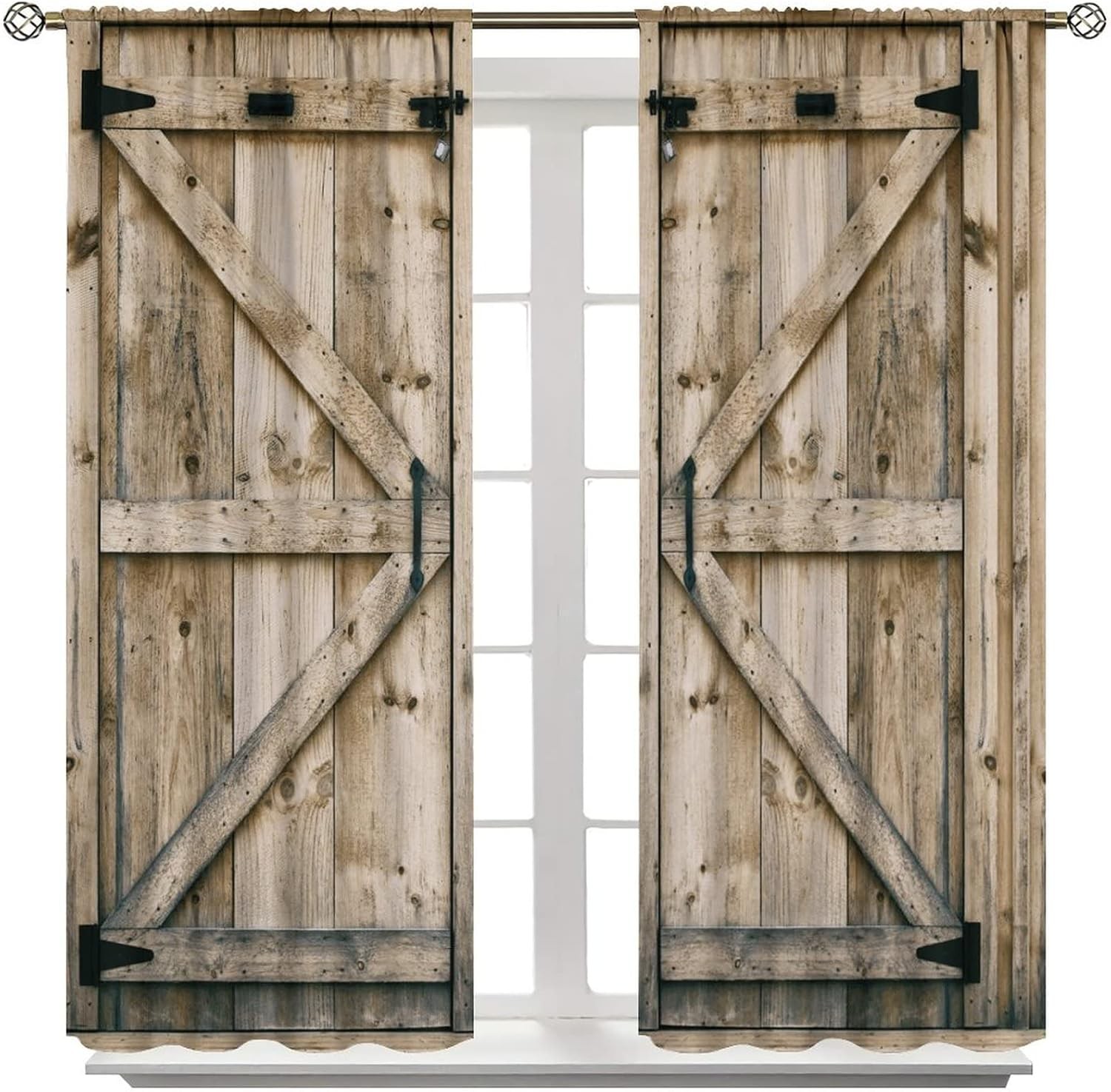Rustic Wooden Barn Door Blackout Windows Curtains, Old Wooden Door with Planks