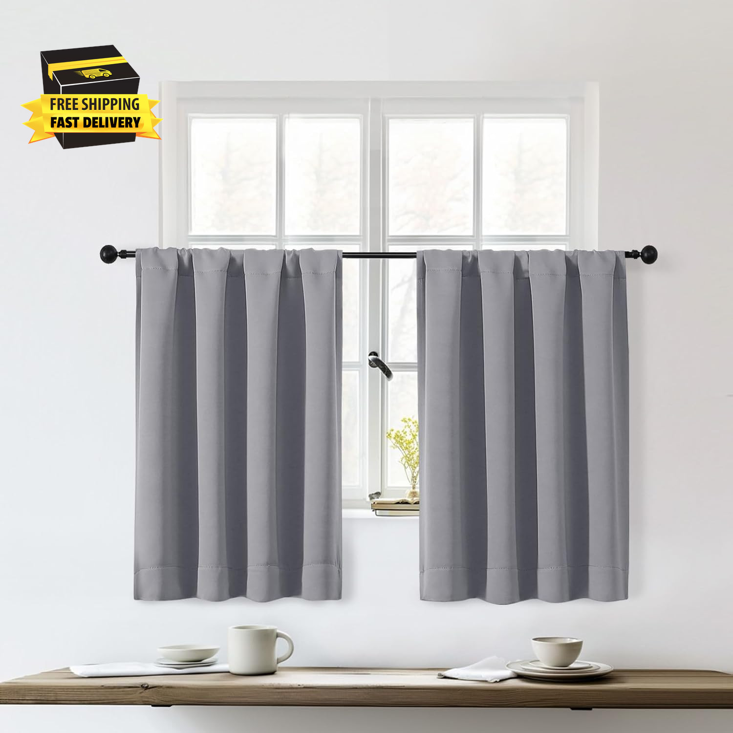 Sally Silver Grey Short Blackout Curtains 36 Inch Length 2 Panels Set, Half Wind