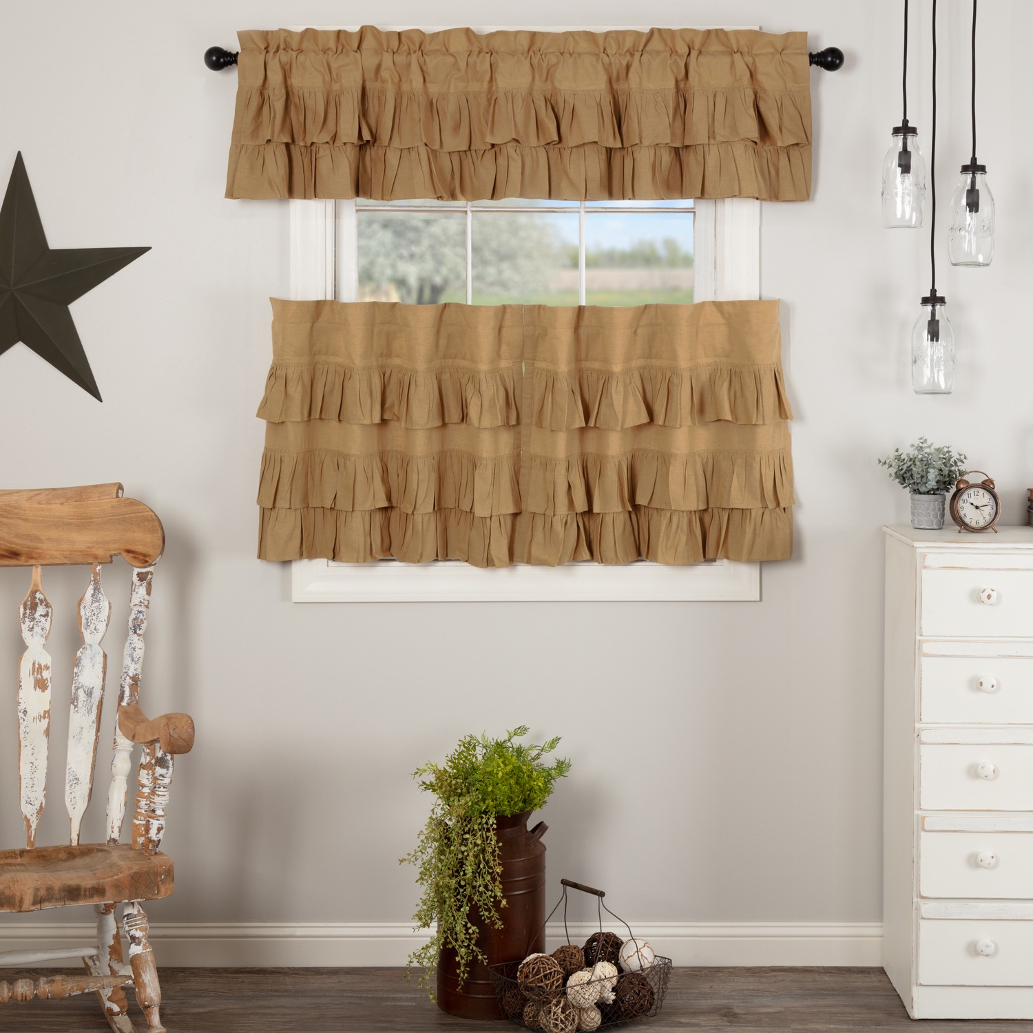 Simple Life Flax Khaki Ruffled Set (1 Valance 16×72 ; 2 Tier 24×36) VHC Brands