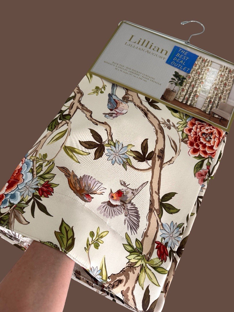 Lillian August Window Curtains 2 Panels 38 x 96″ Cream Birds Drapers Back Tab