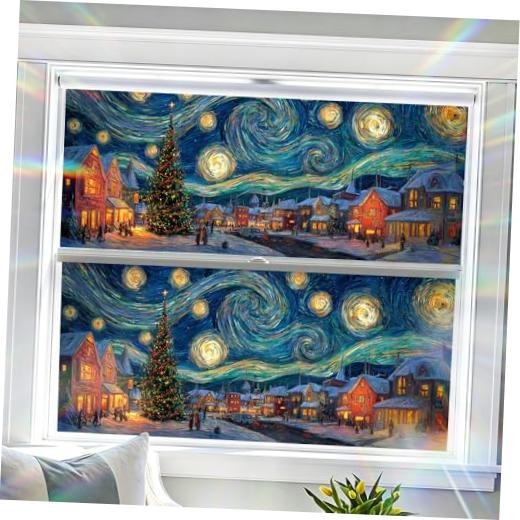 Decorative Window Film Swirling Night Winter Village, 39.37×17.32 Colorful1182