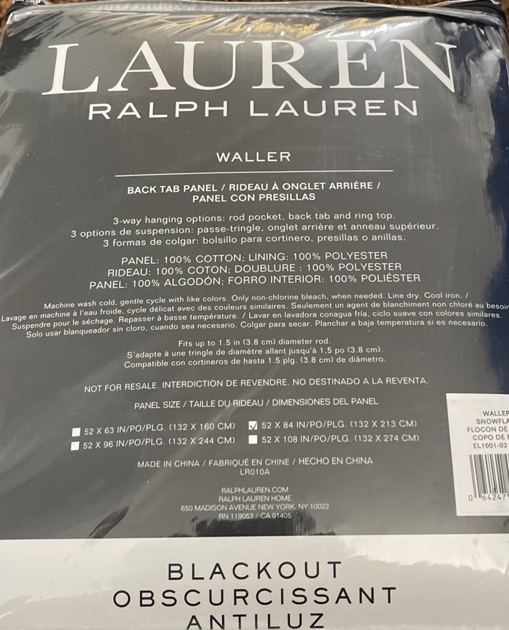 Lauren Ralph Lauren Waller Snowflake PO8121 White Blackout Curtain Panel 52”X84”