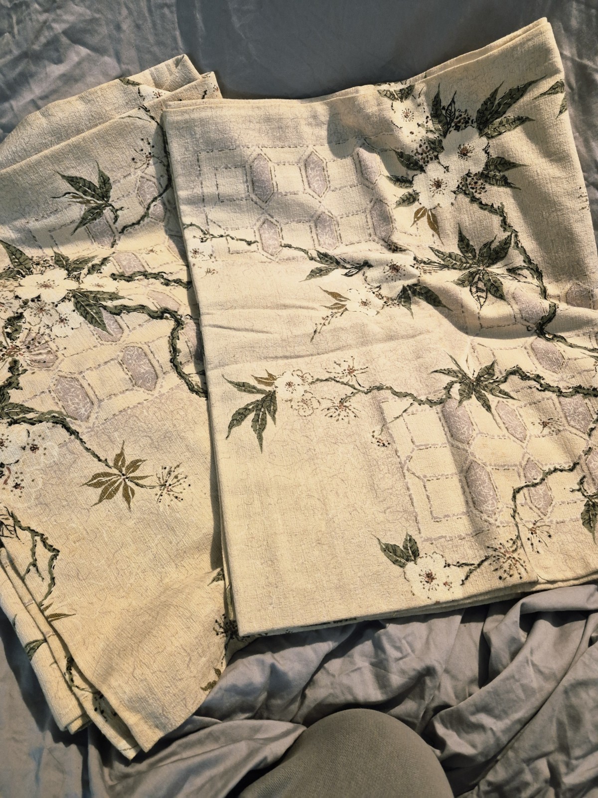 Vintage Lined Curtains Pair Barkcloth Floral Cherry Blossom Retro 160cm x 110cm
