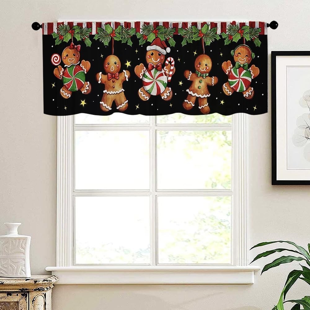 Christmas Valance Curtains Gingerbread Man Design 54×18 Inch Window Treatment