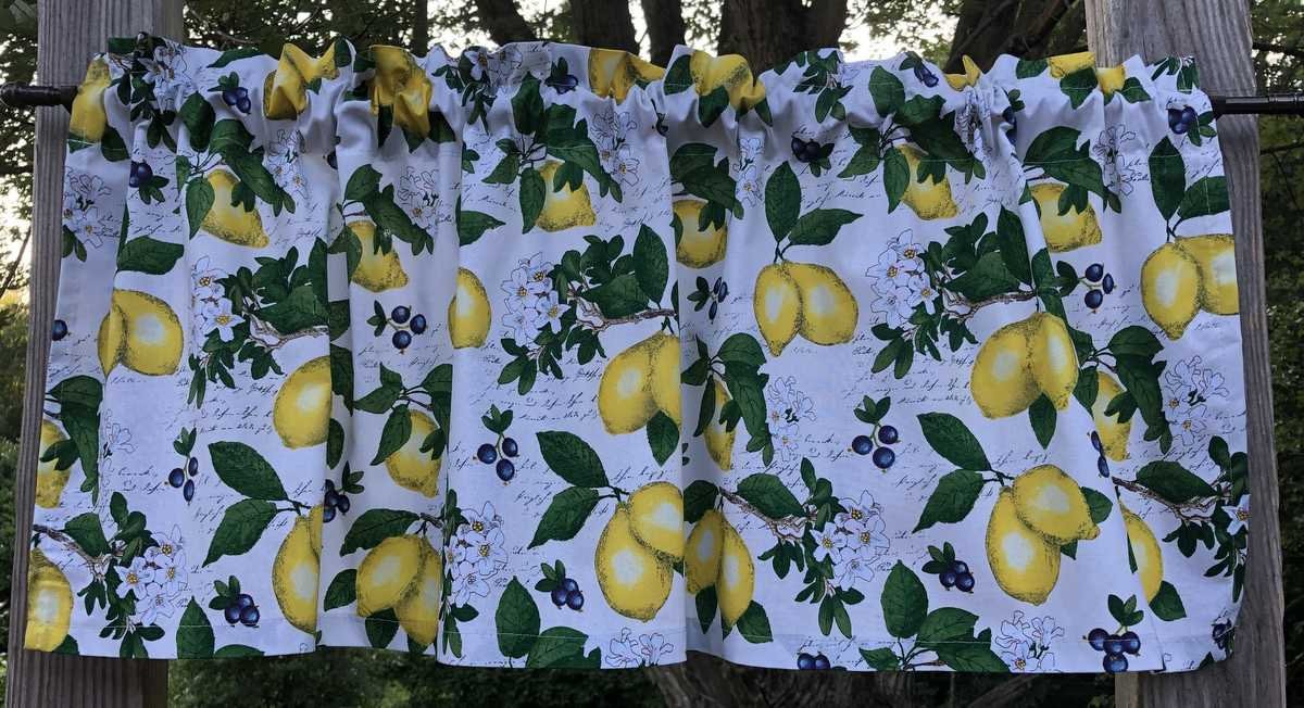 Lemon Valance Yellow Lemons Blueberries Green Leaf Window Kitchen Curtain