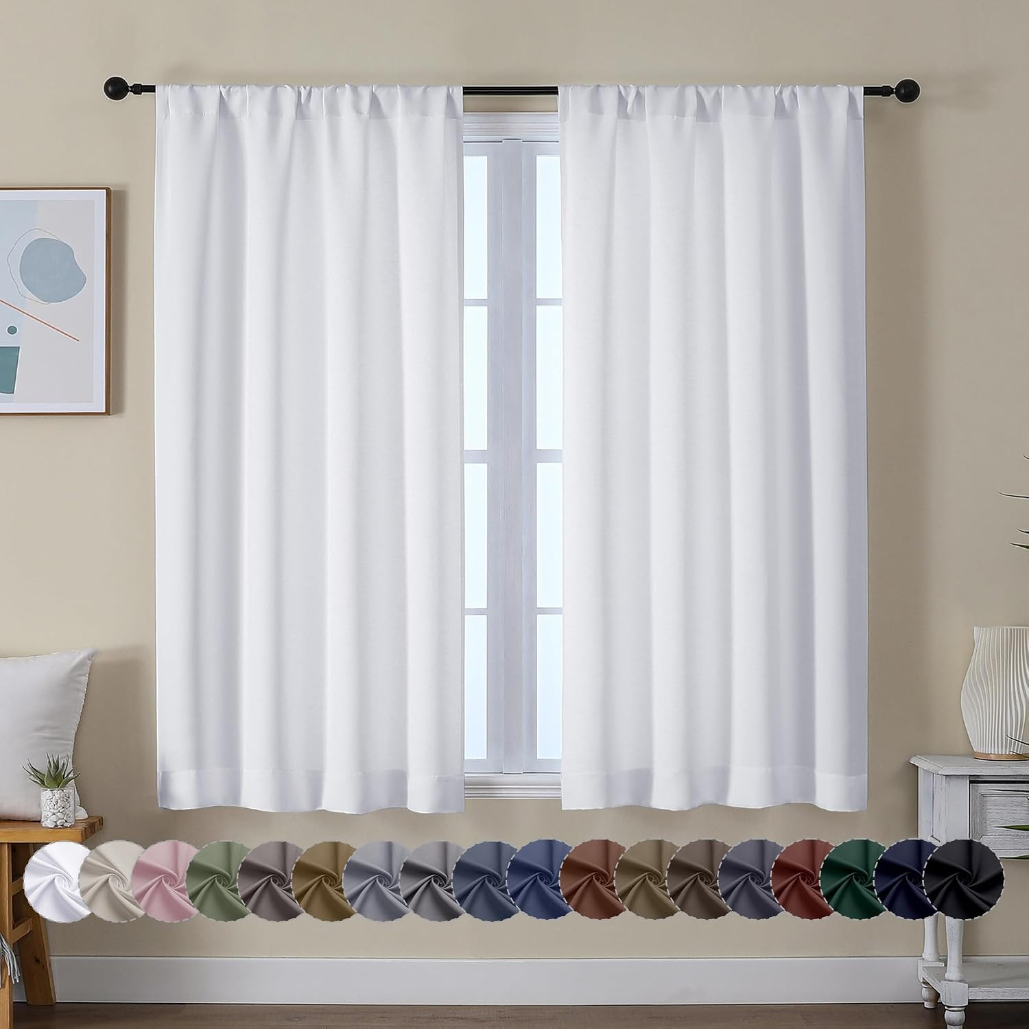 Ava Pure White Curtains for Bedroom 54 Inches Long 2 Panels Set, Light Filtering