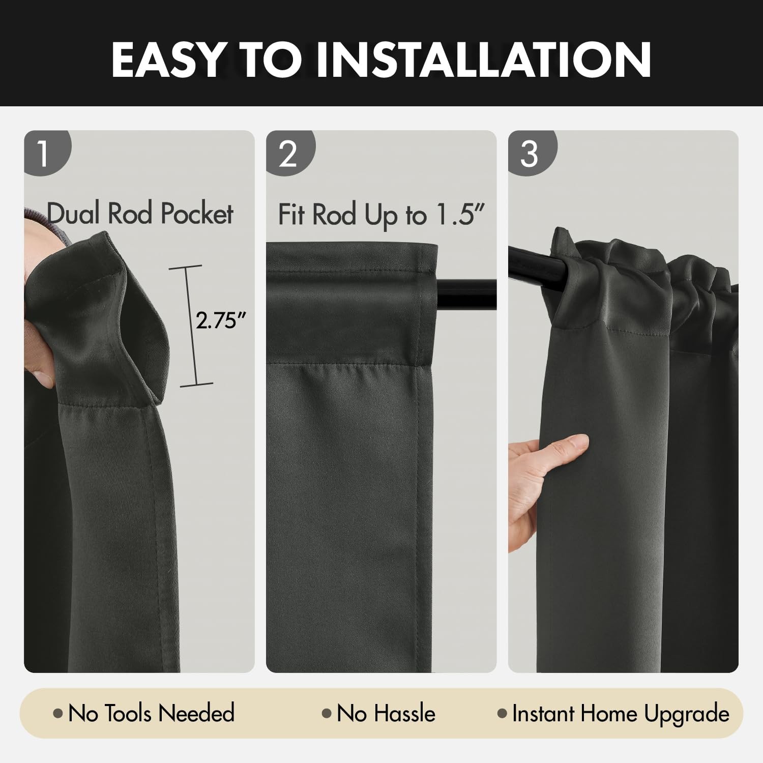 Blackout Curtains 4 Panels Sets Dark Grey 63 Inch Length, Top and Bottom Rod …