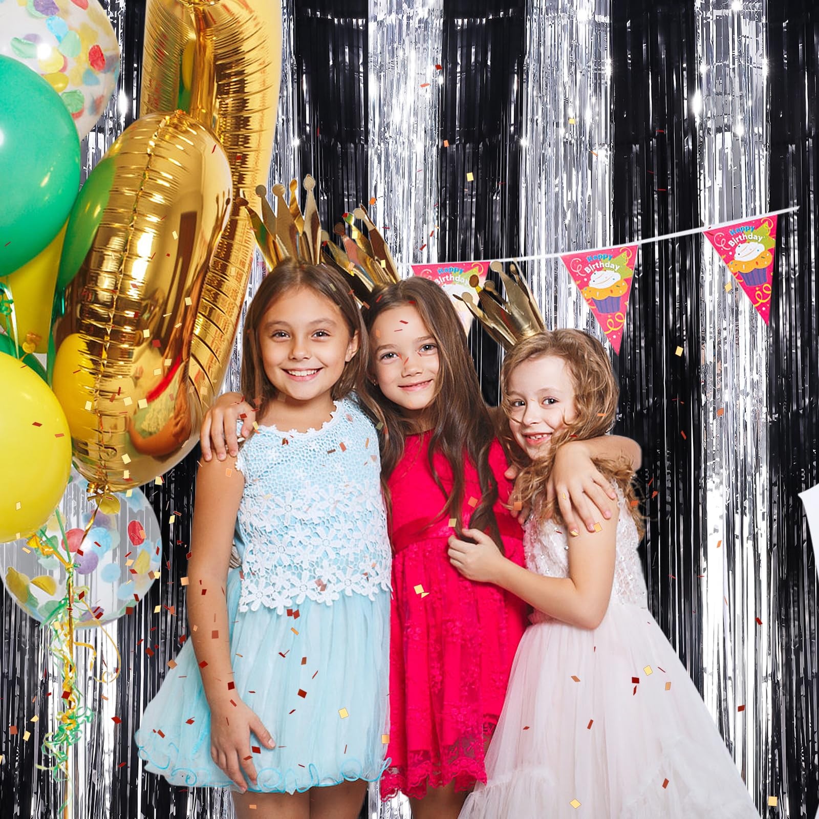4 PCS Black Silver Metallic Tinsel Foil Fringe Curtains 3.3×8.3 FT Party Drop