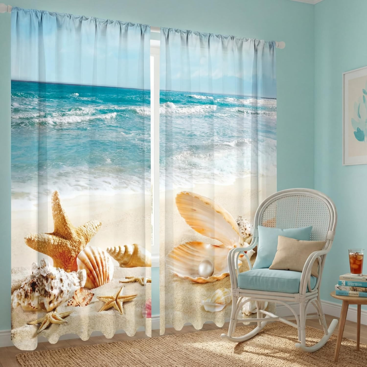 Ocean Beach Shell Starfish Window Curtain Panels 52 x 84 2 Piece Set Blue Gold