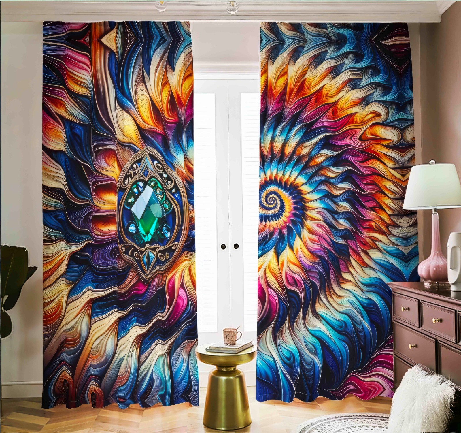 Psychedelic Tie Dye Blackout Curtains Black Out Rainbow Spiral Tied Dyed Emerald