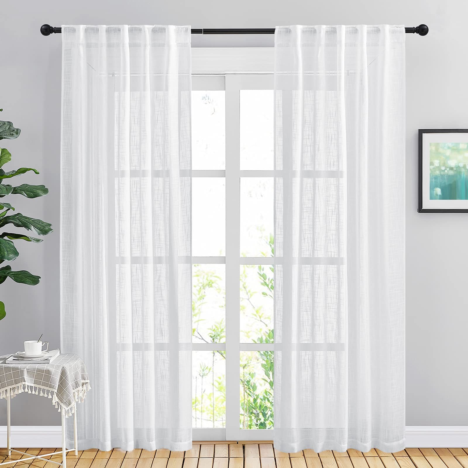 White Curtains 84 inches Long for Living Room, Rod Pocket & Back Tab Semi Sheer