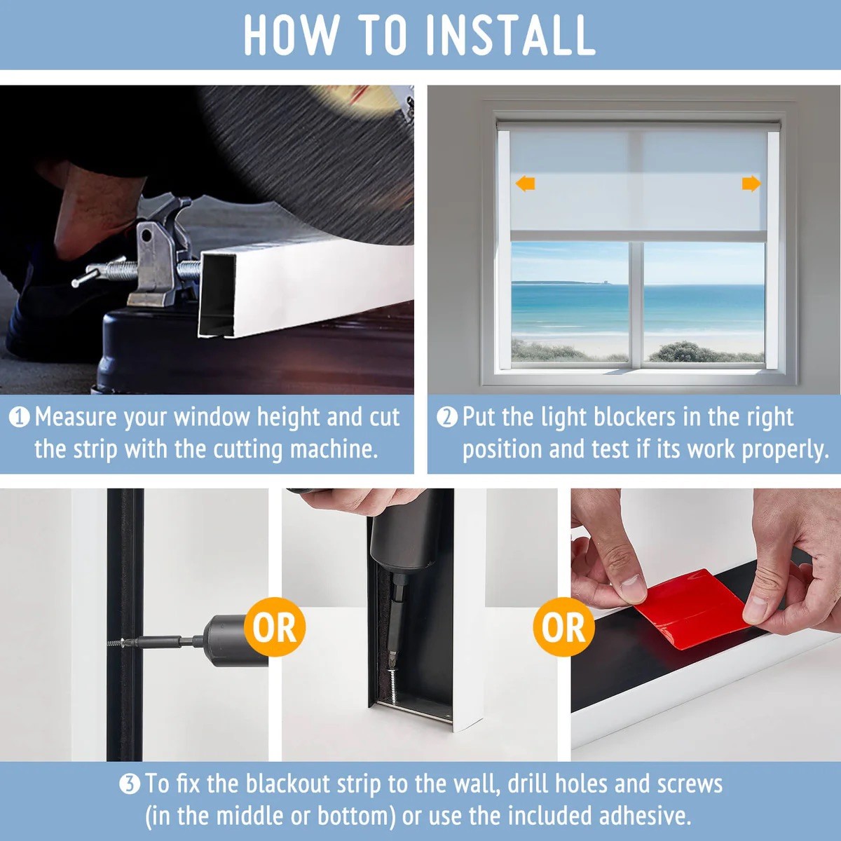 U Channel Blackout PVC Light Blocking Strips for Roller Blinds Light Gap Blocker
