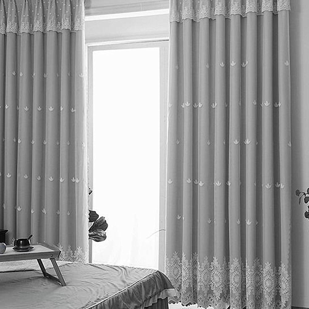 Grey Double Layer Embroidered Curtains with Valance, 54×96 Inch