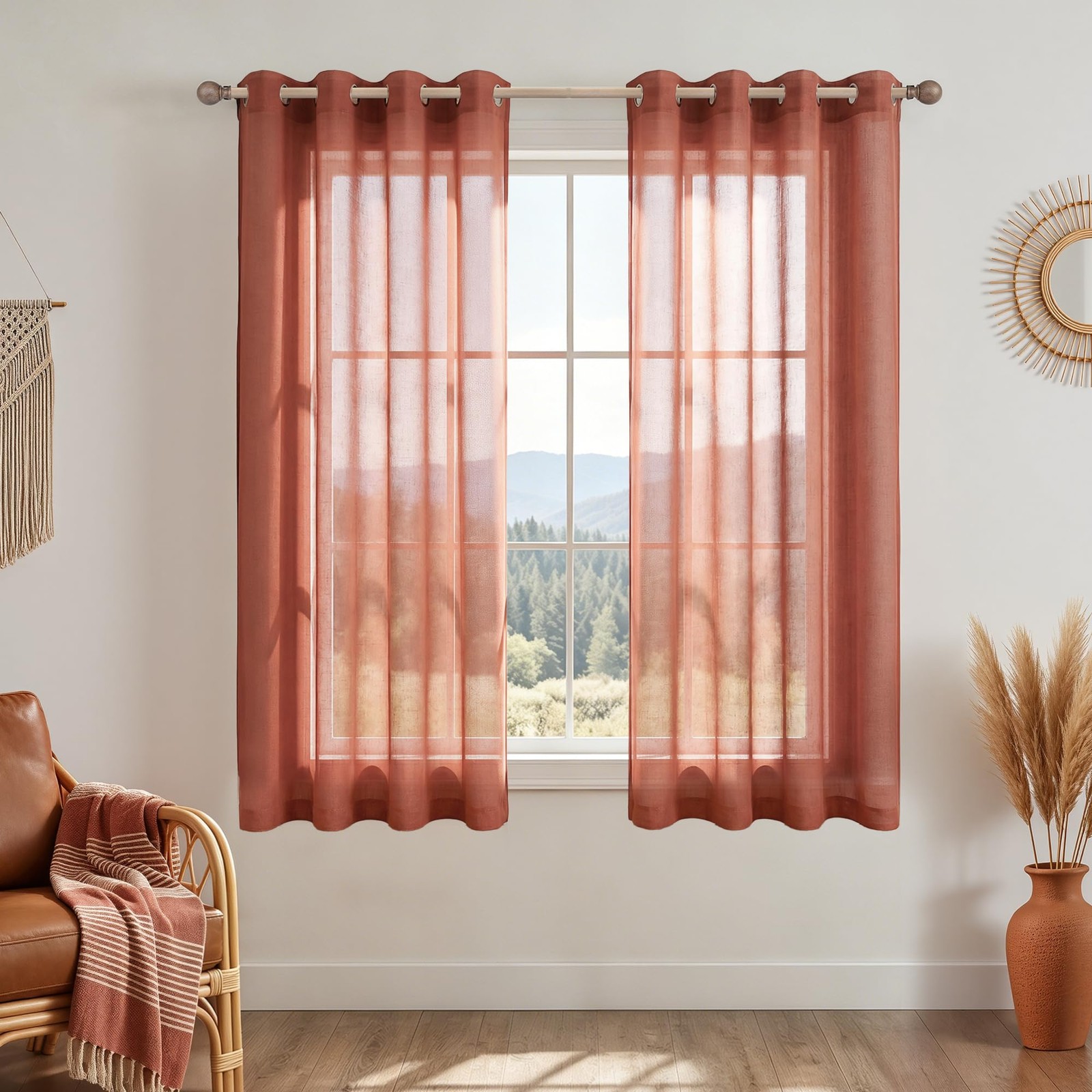 Mrs.Naturall Burnt Orange Terracotta Sheer Curtains 45 Inch Length For Kitchen