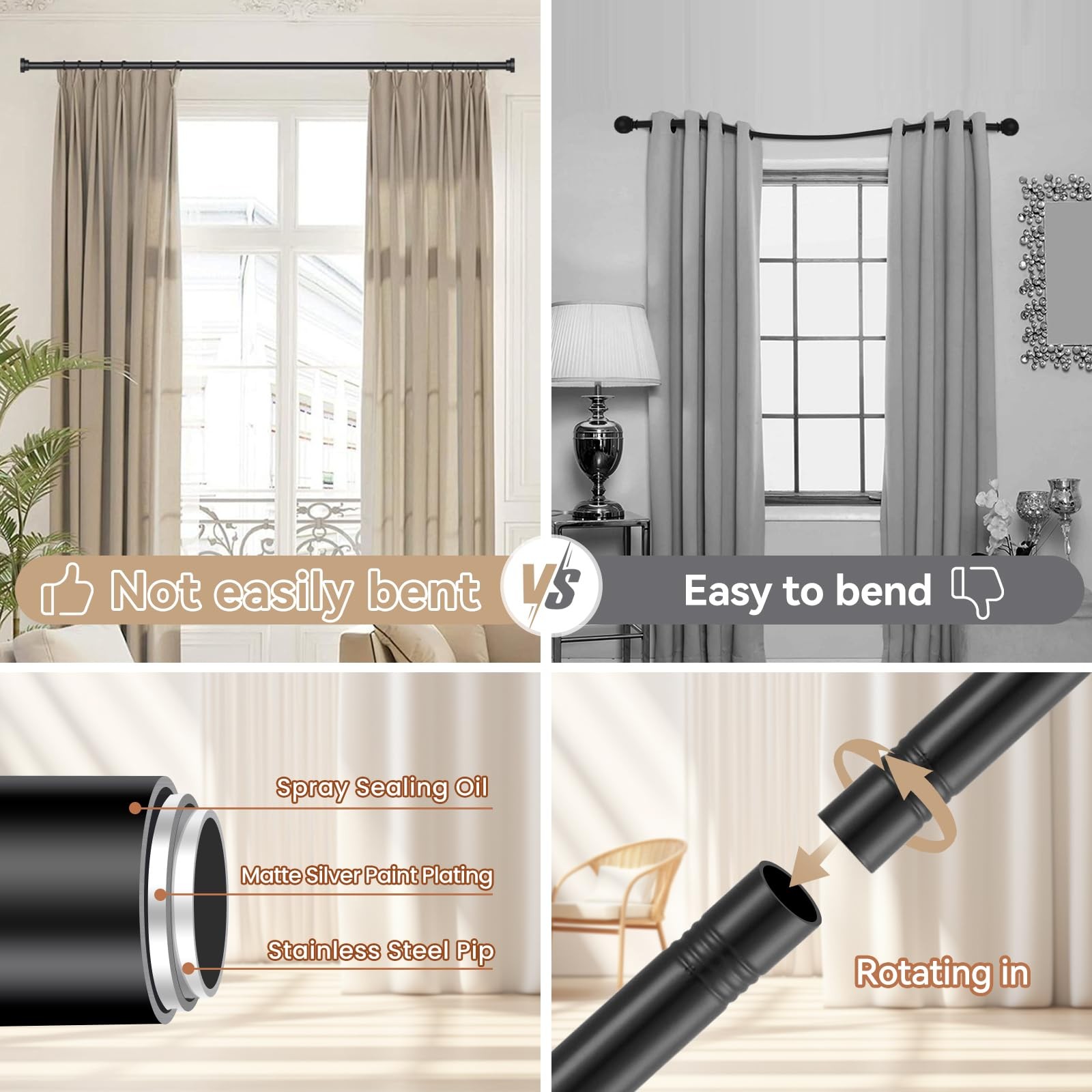 Black Curtain Rods for Windows 28 to 48 Inch(2.3-4ft), 2 Pack 5/8 Inch Diamet…