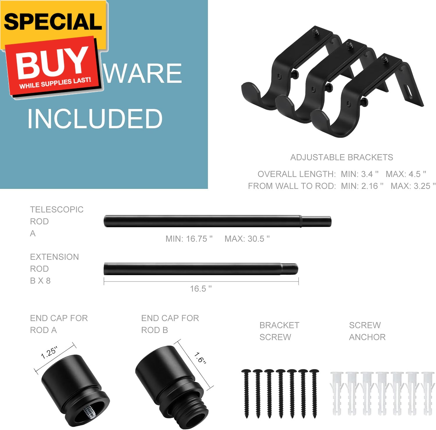 Curtain Rods for Windows 16 to 144 Inches Adjustable Length 1 Inch Diameter Wind