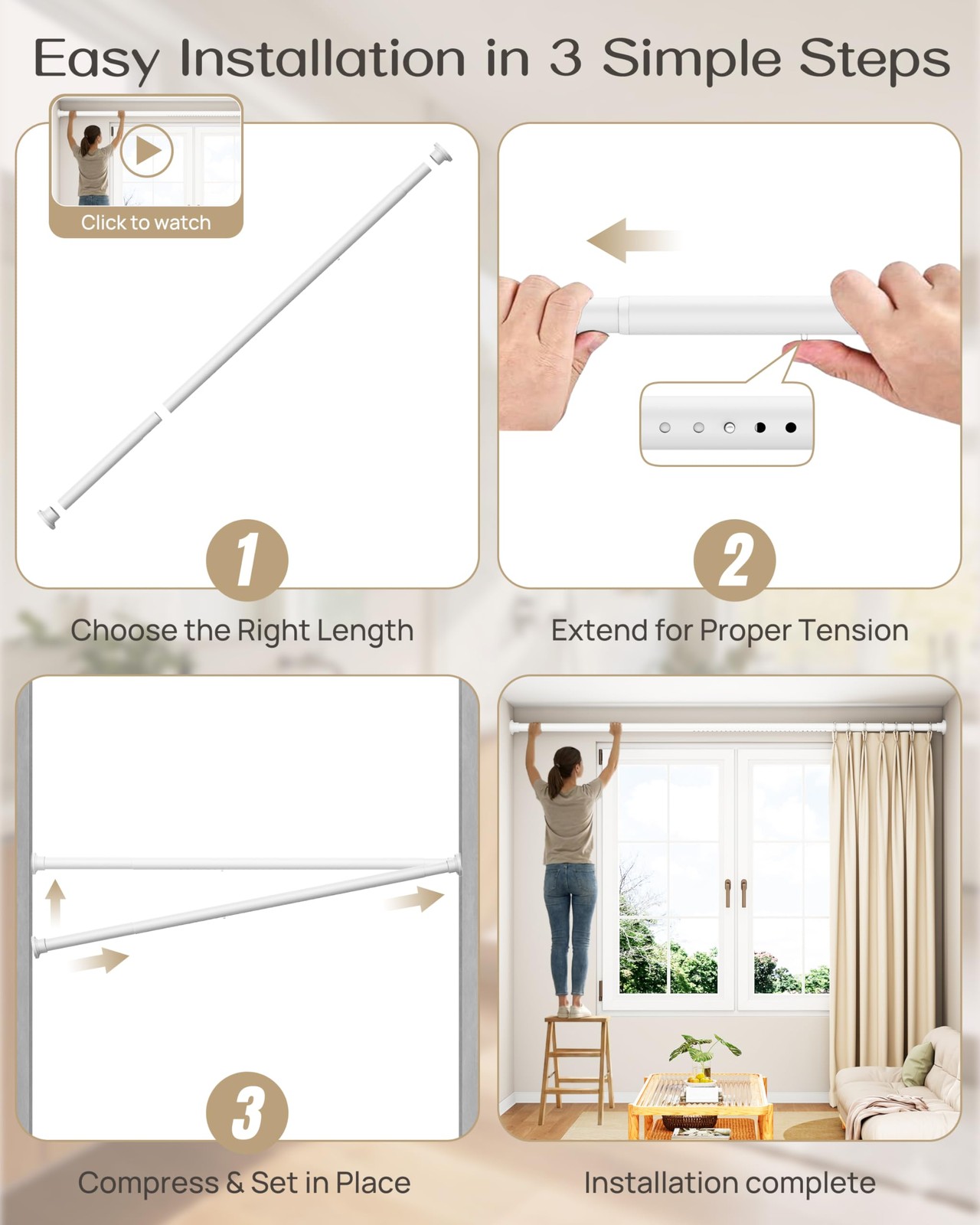“EZFurni Heavy Duty Tension Rod 42-123″” – No Drill Room Divider, White”