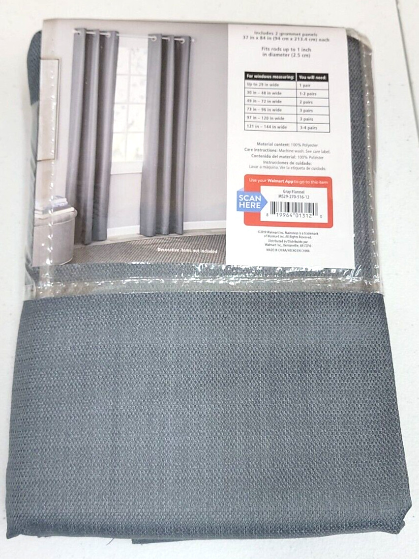 Mainstays Blackout Panel PAIR Grommeted Window Curtain Panel 37”W X 84”L Gray