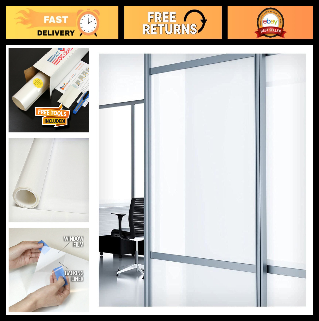 Decorative White Matte Frosted Window Film – 36″ x 12ft Privacy Opaque Glass Cov