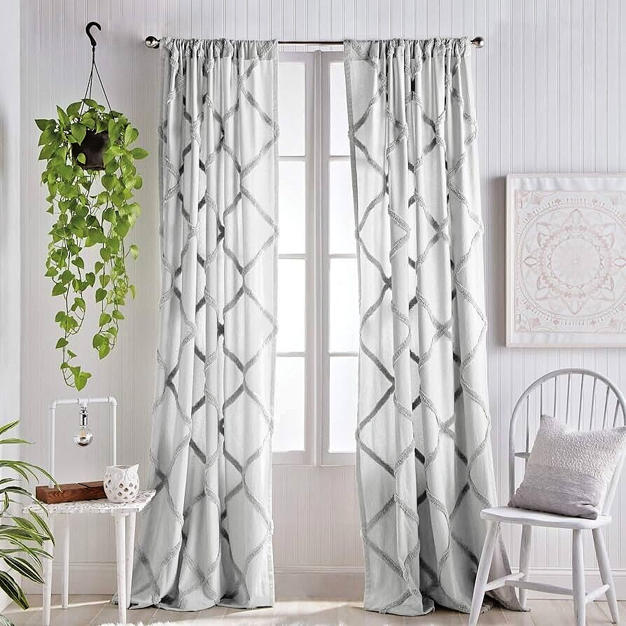 2 Peri Chenille Lattice Rod Pocket Window Curtain Panels Gray Shabby Chic 84″