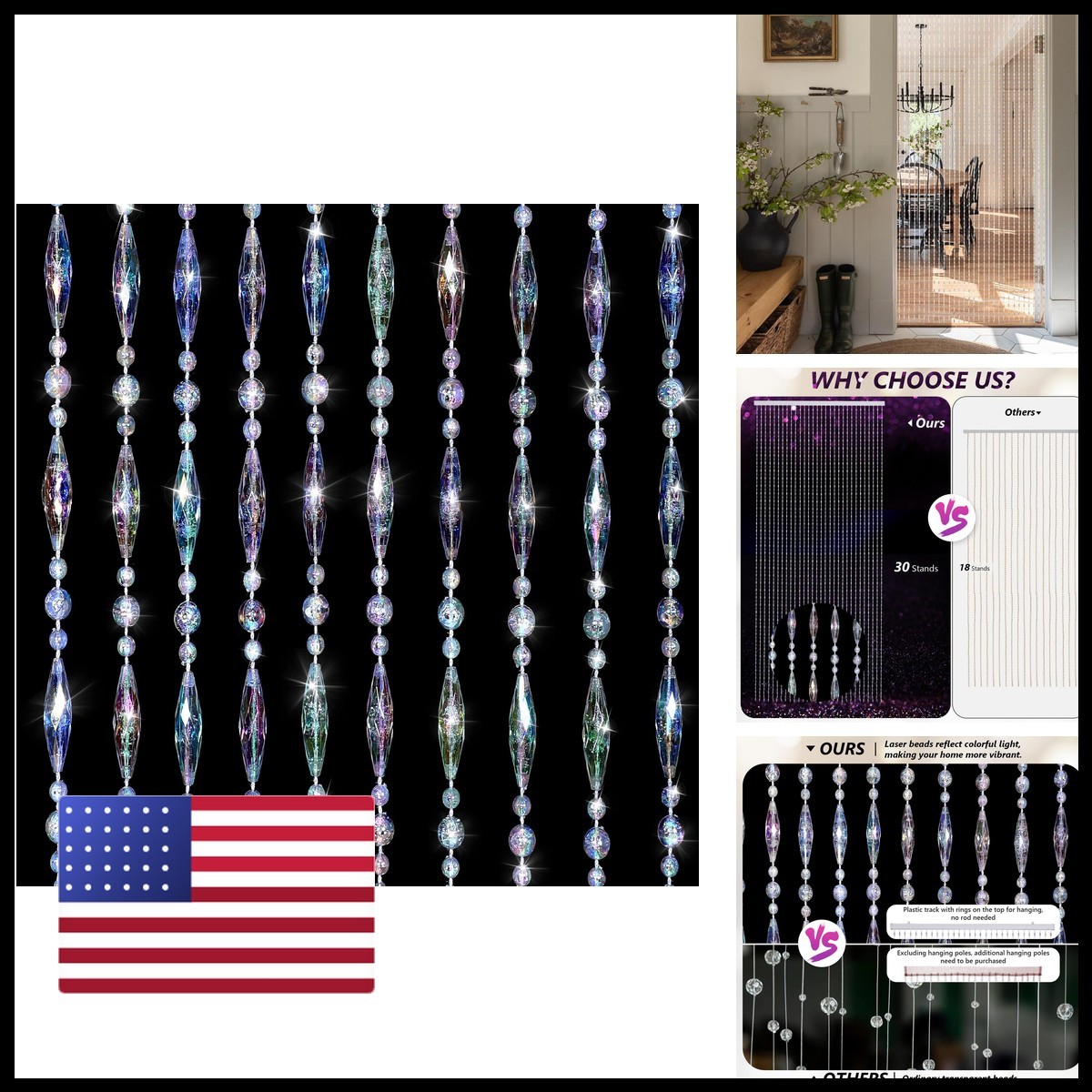 ANMINY Beaded Curtain 30 Strands 2 Panels Iridescent Crystal 35″ x 79″ Oval