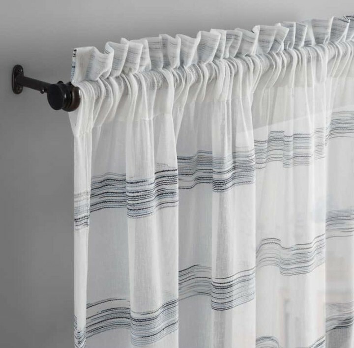 VUE ELEMENTS Kyoto Semi-Sheer Striped Single Curtain Panel White Blue 84″ New