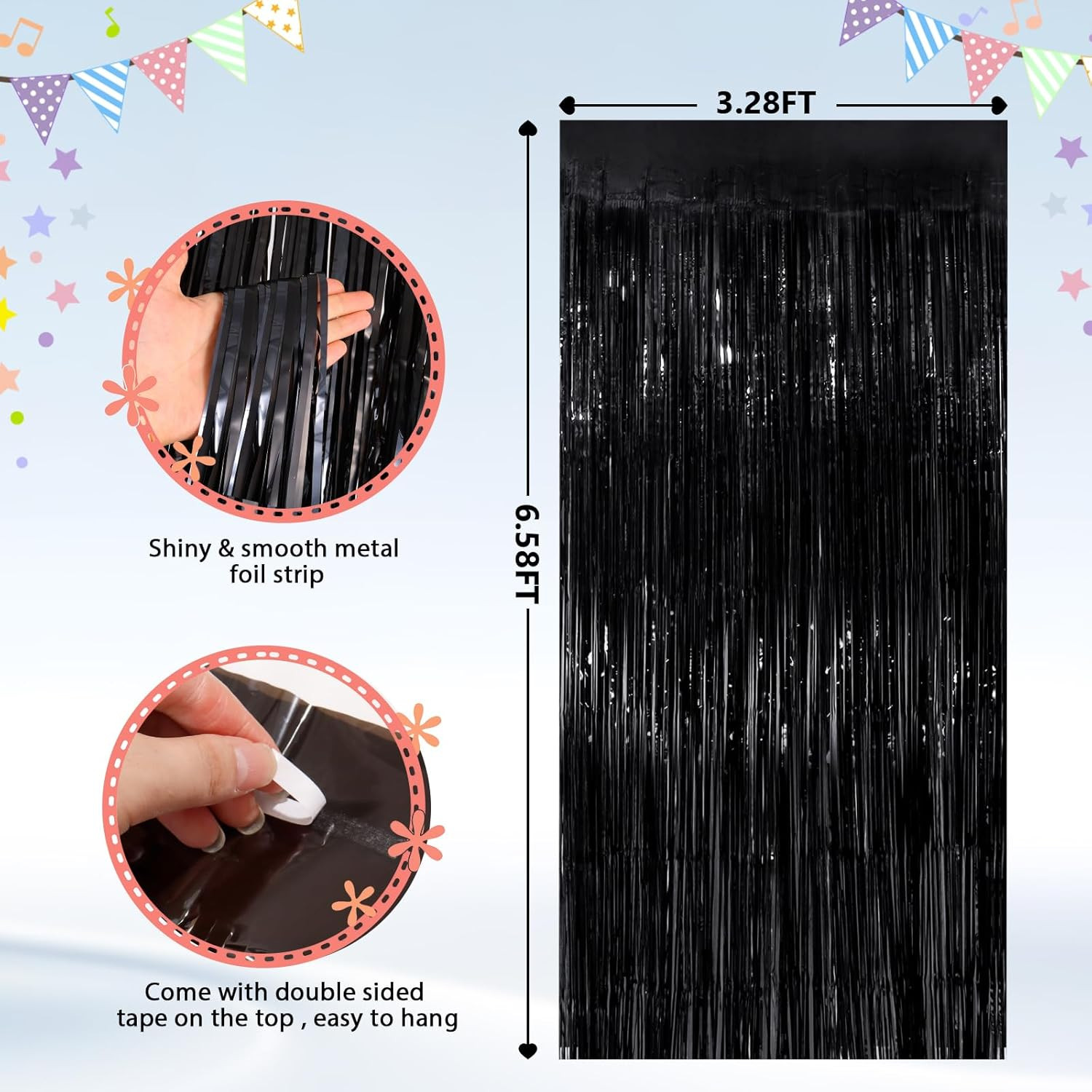2Pack Black Metallic Tinsel Foil Fringe Curtains, Black Foil Curtain Backdrop, P