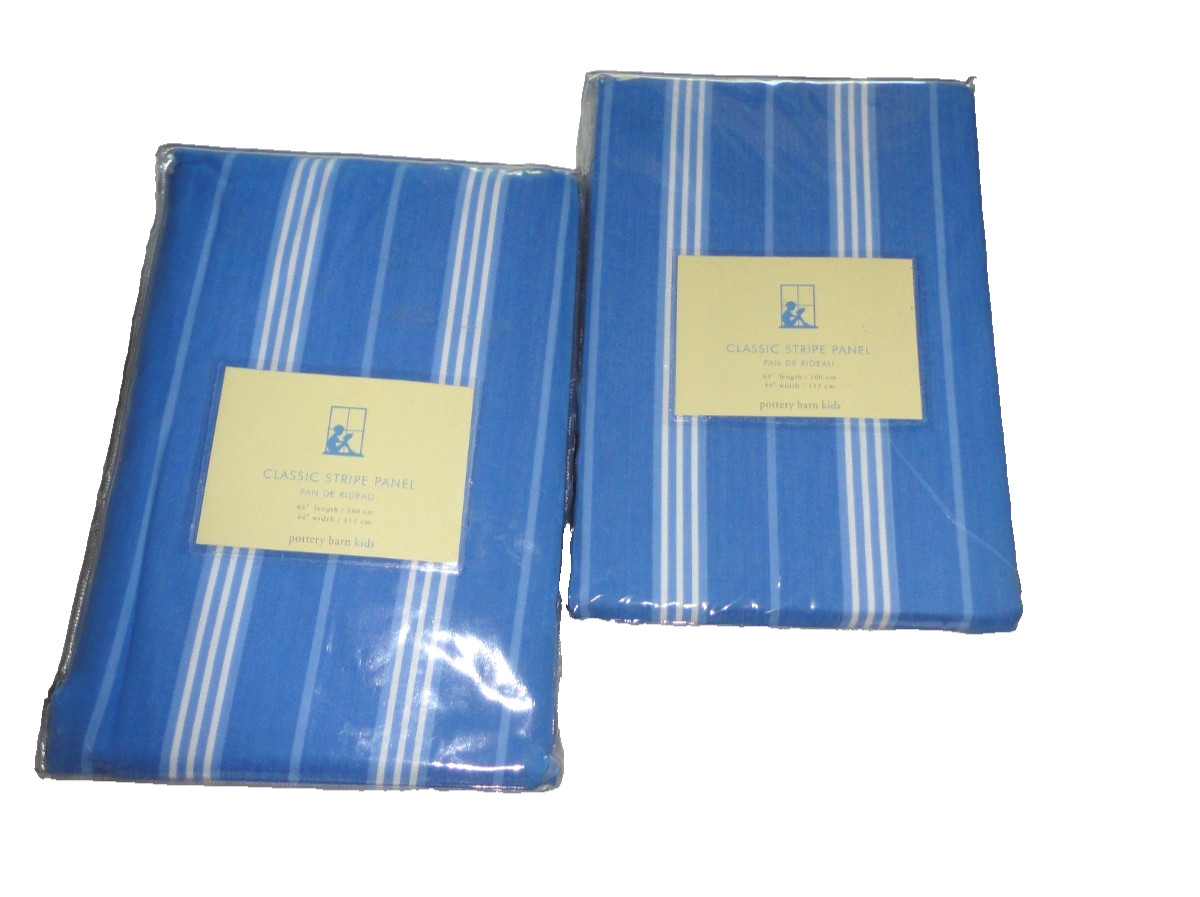 POTTERY BARN KIDS classic stripe BLUE white (2) Lined CURTAINS PANELS 44 X 63