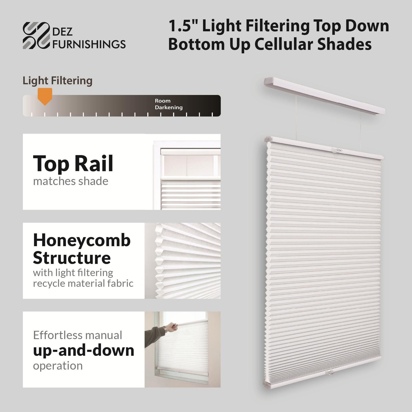 Cordless 1.5″ Light Filtering Top Down Bottom Up Cellular Shade, 20.5″ W x 36…