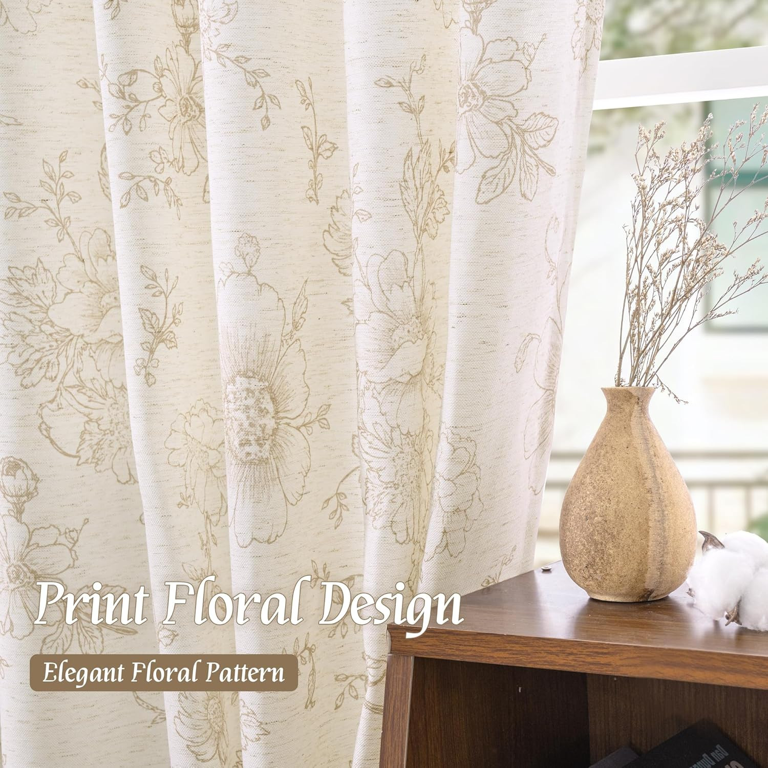 LAMIT Beige Floral Linen Curtains 63 Inch Length, Light Filtering Bedroom Drapes