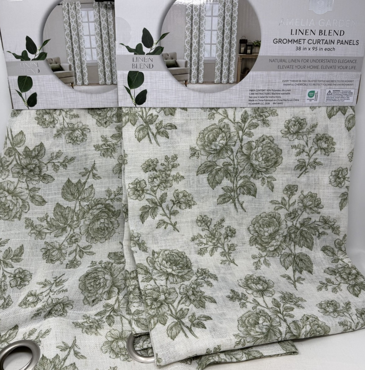 New Colordrift Amelia Garden Linen Blend Grommet Drapes 38″ x 95″ Set of 4