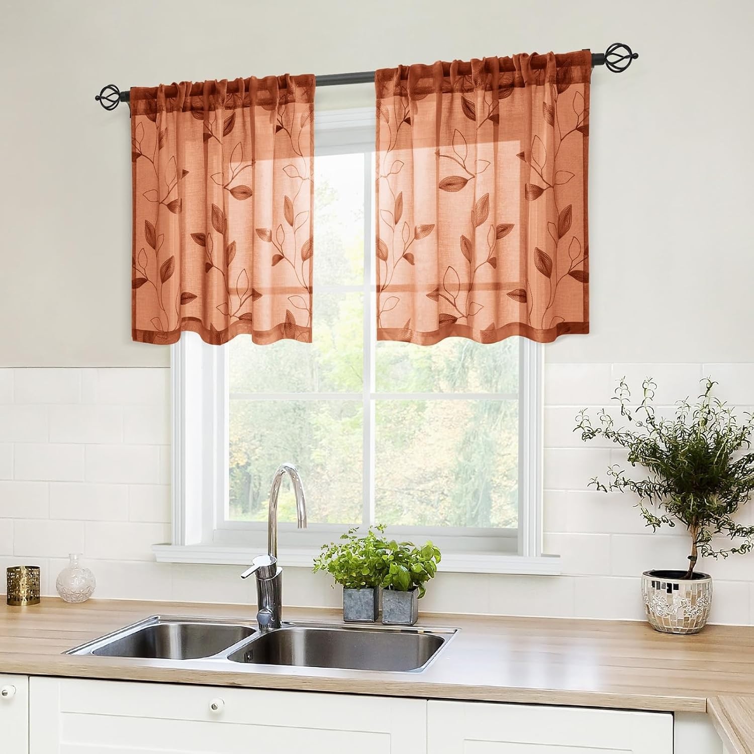 Fall Burnt Orange Sheer Kitchen Curtains 30 X 24 Inch Length 2 Panels Embroid…