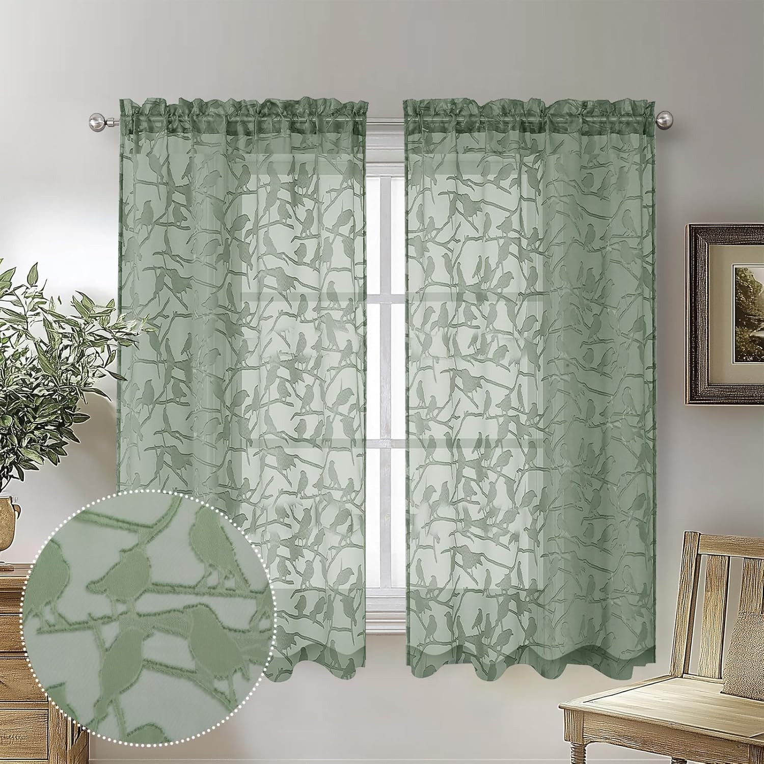 Sage Green Small Sheer Curtains 45 Inch Length 2 Panels Set, Light Filtering Sof