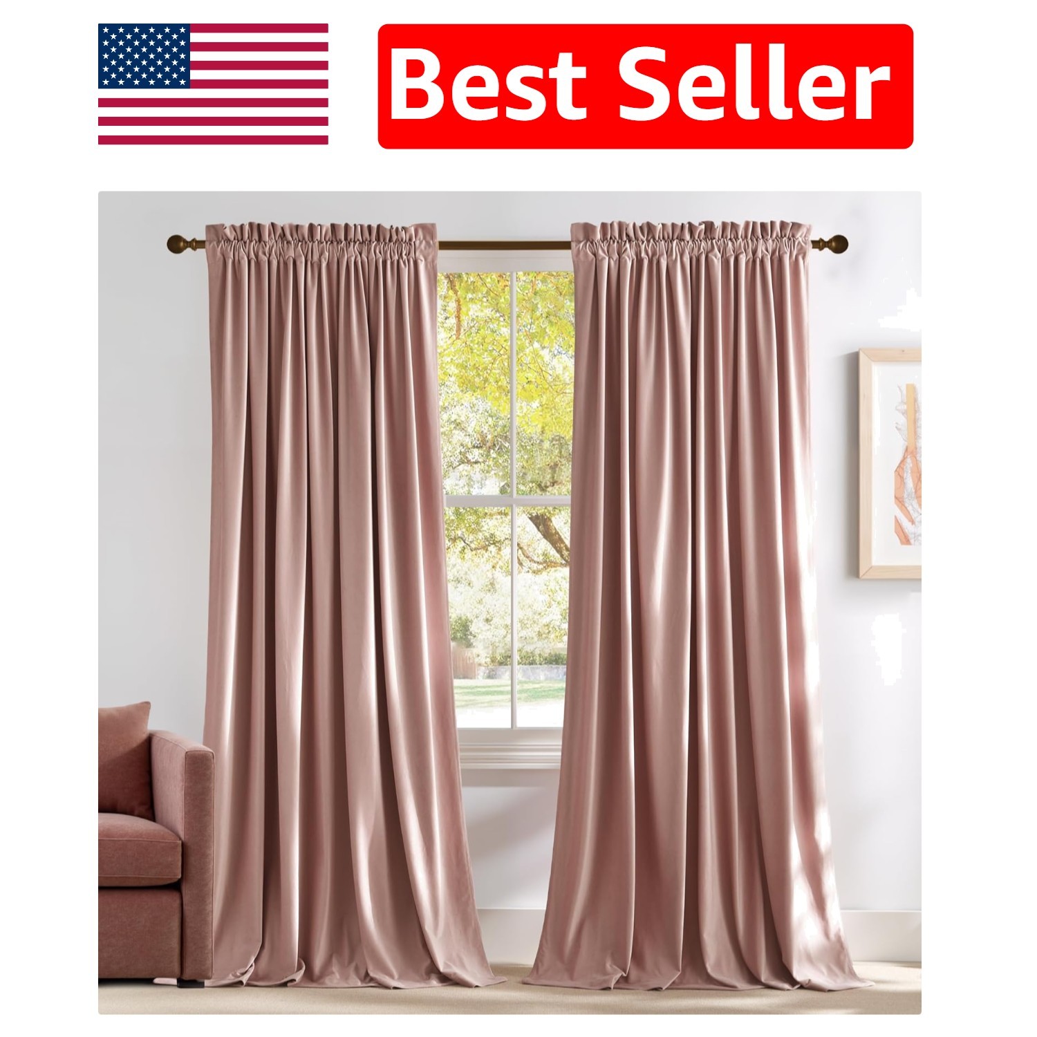 Elegant Room Darkening Dusty Pink Velvet Curtains 96” for Large Doors, 2 Panels