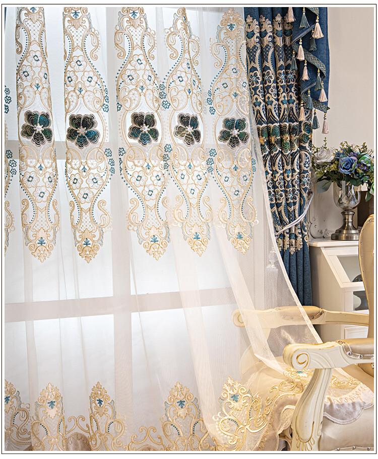 High-grade embroidery blue chenille cloth curtain tulle valance drape C1479