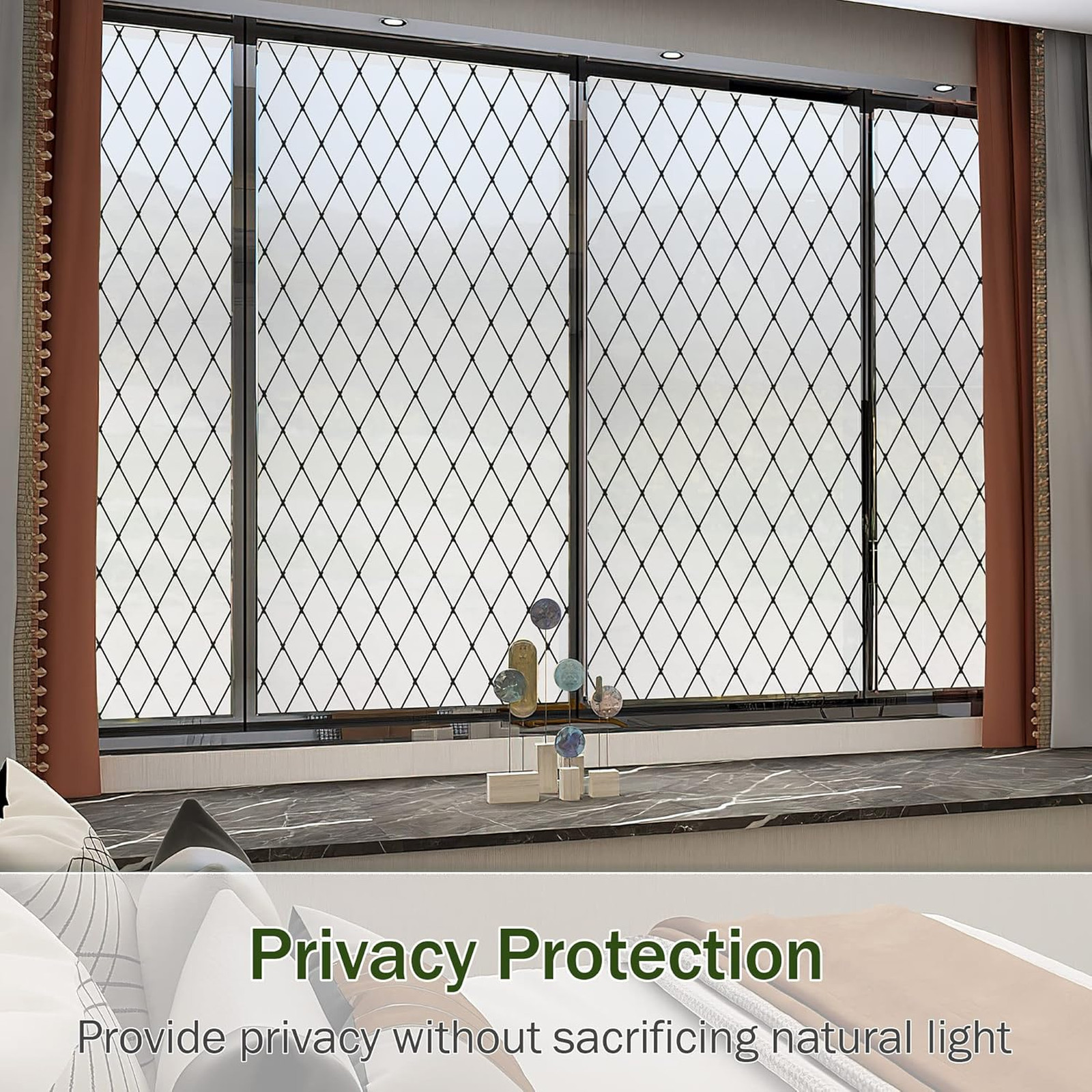 Frosted Black Lattice Window Film Static Cling Privacy Decorative Glass Vinyl